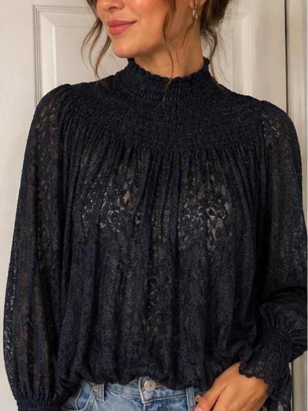 Deletta Anthropologie Black Sheer lace Smocked Mock Neck Top | Boho Y2K